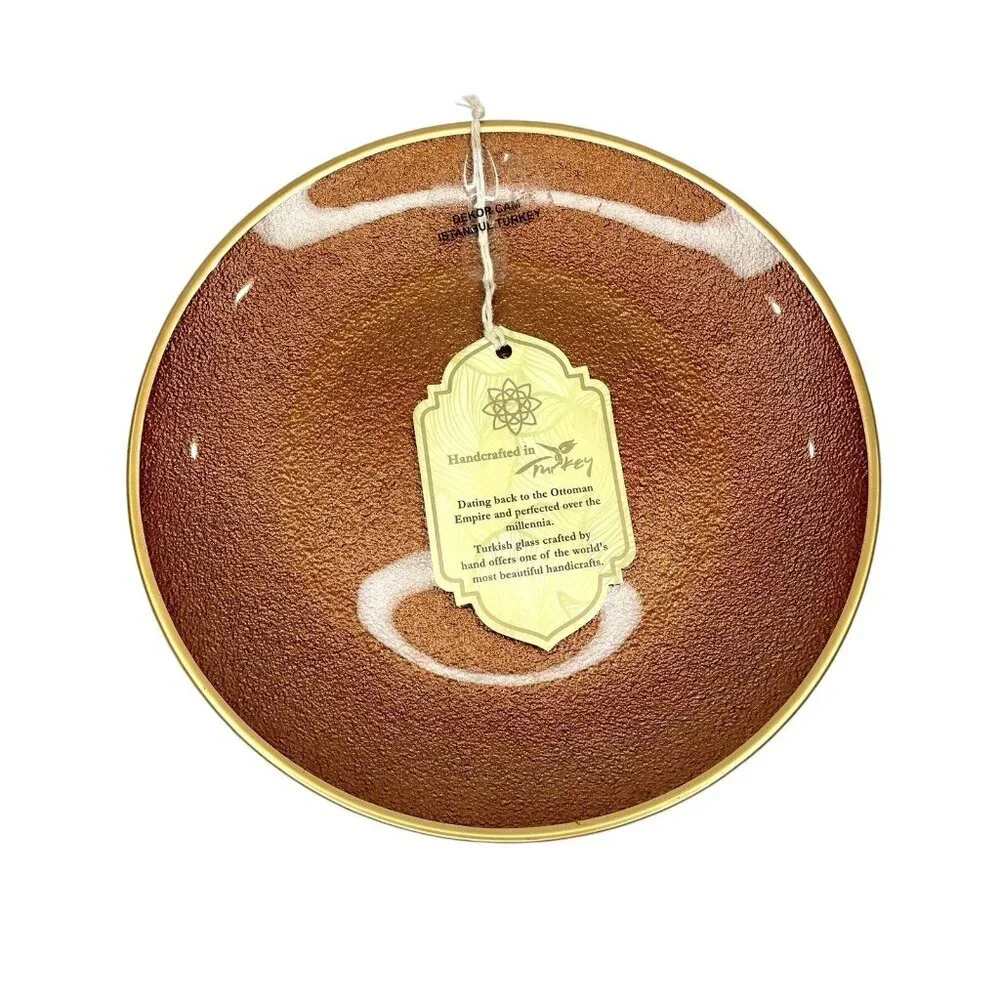 Turkish Glass 4 Salad Dessert Plates Set Brown Bronze Texture Gold Rim 8.25